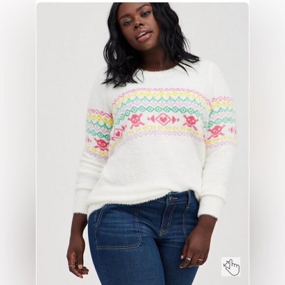torrid Tops - Torrid Fuzzy Yarn Crew Pullover Sweater - Fair Isle White 2X